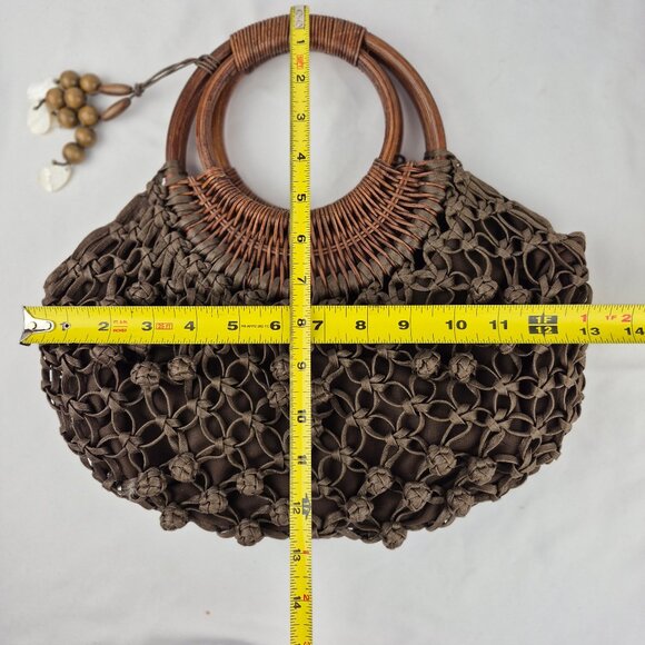 Coldwater Creek Chocolate Brown Macrame Woven Wood Double Hoop Handle Bag - Picture 14 of 14